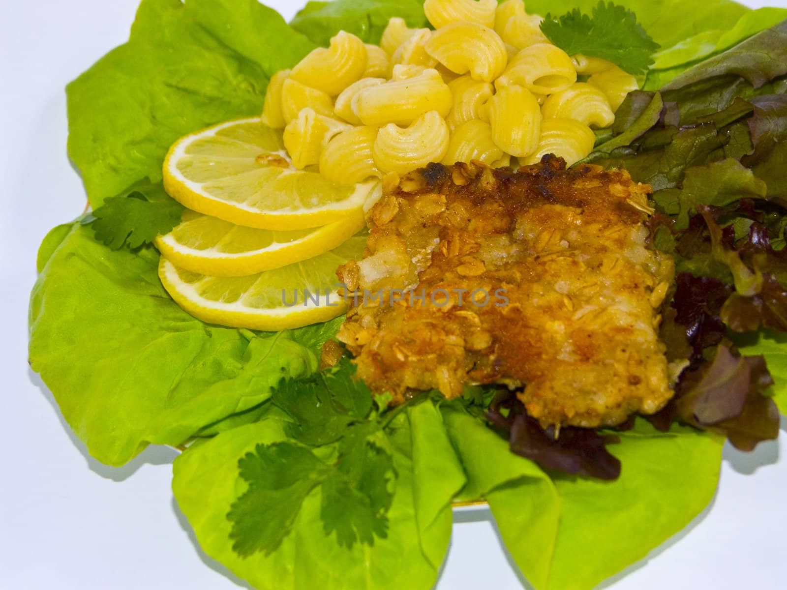 The image of macaroni of a fish and slices of a lemon close up