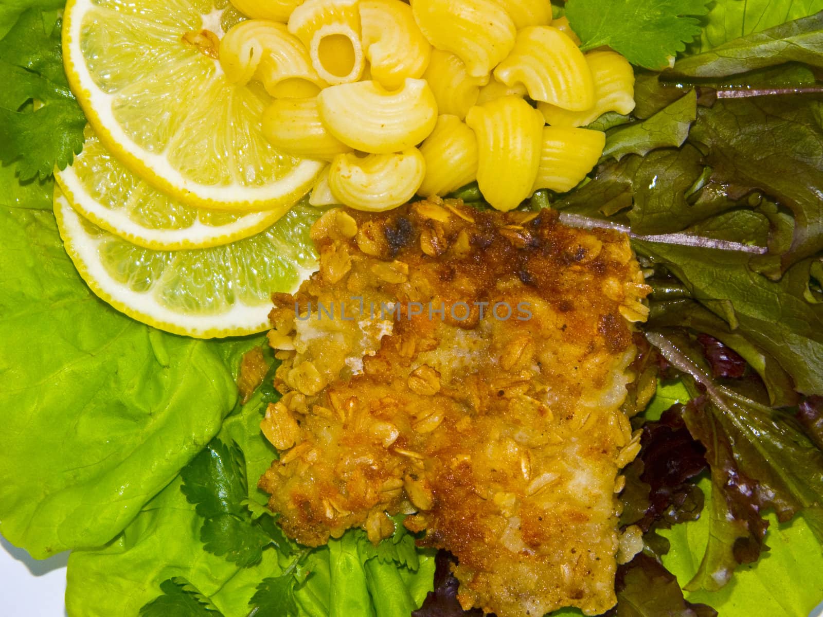 The image of macaroni, of a fish and slices of a lemon close up