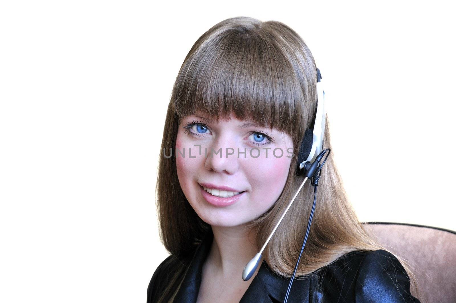 beautiful smiling girl talking to customer via headset. 