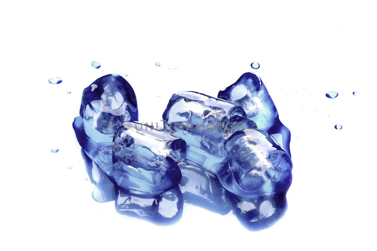 blue ice cubes with reflexion and small water drops around, isolated on white
