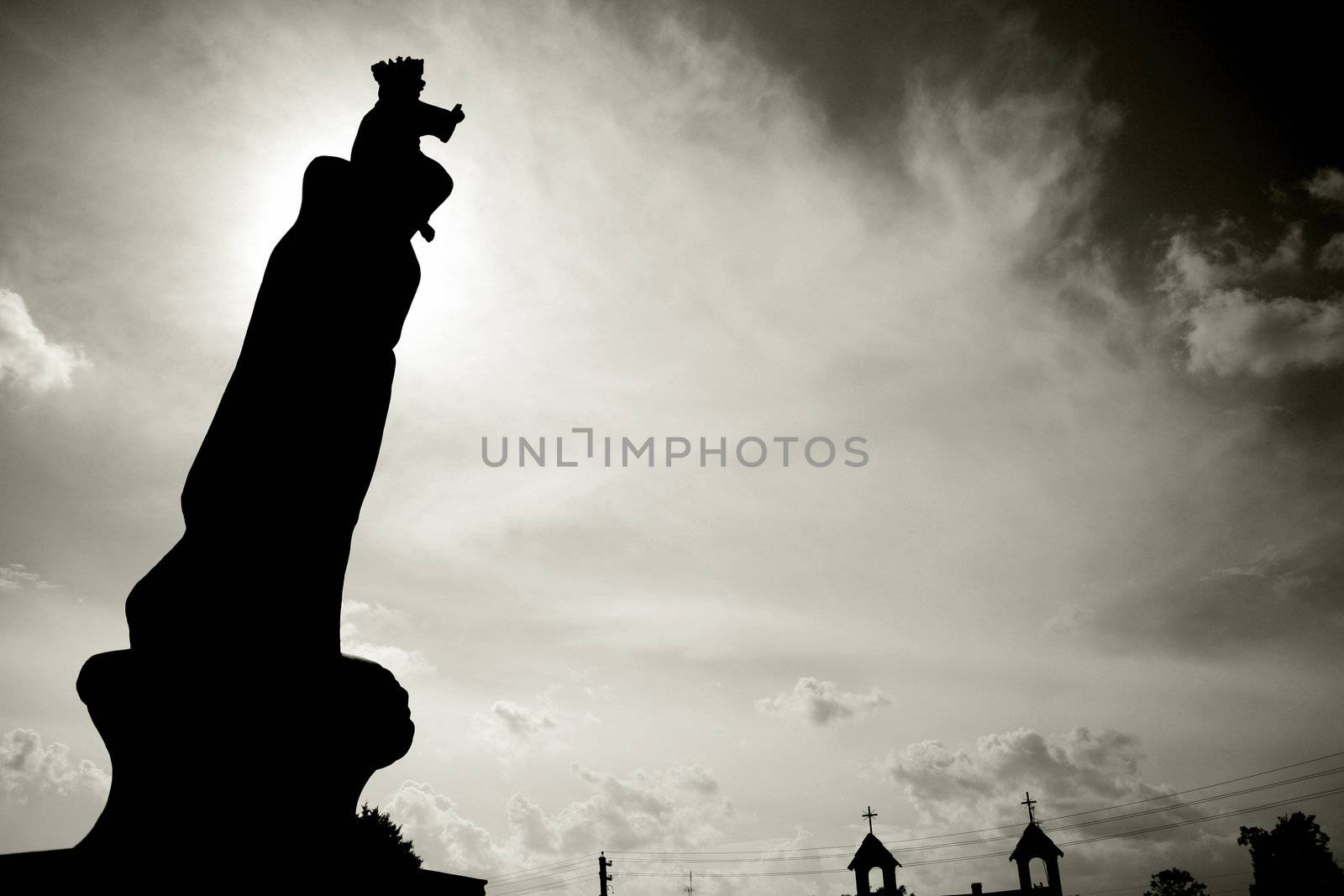 Virgin Mary (Mother Mary) holding Baby Jesus, statue by Roman Catholic church in Miory, Belarus