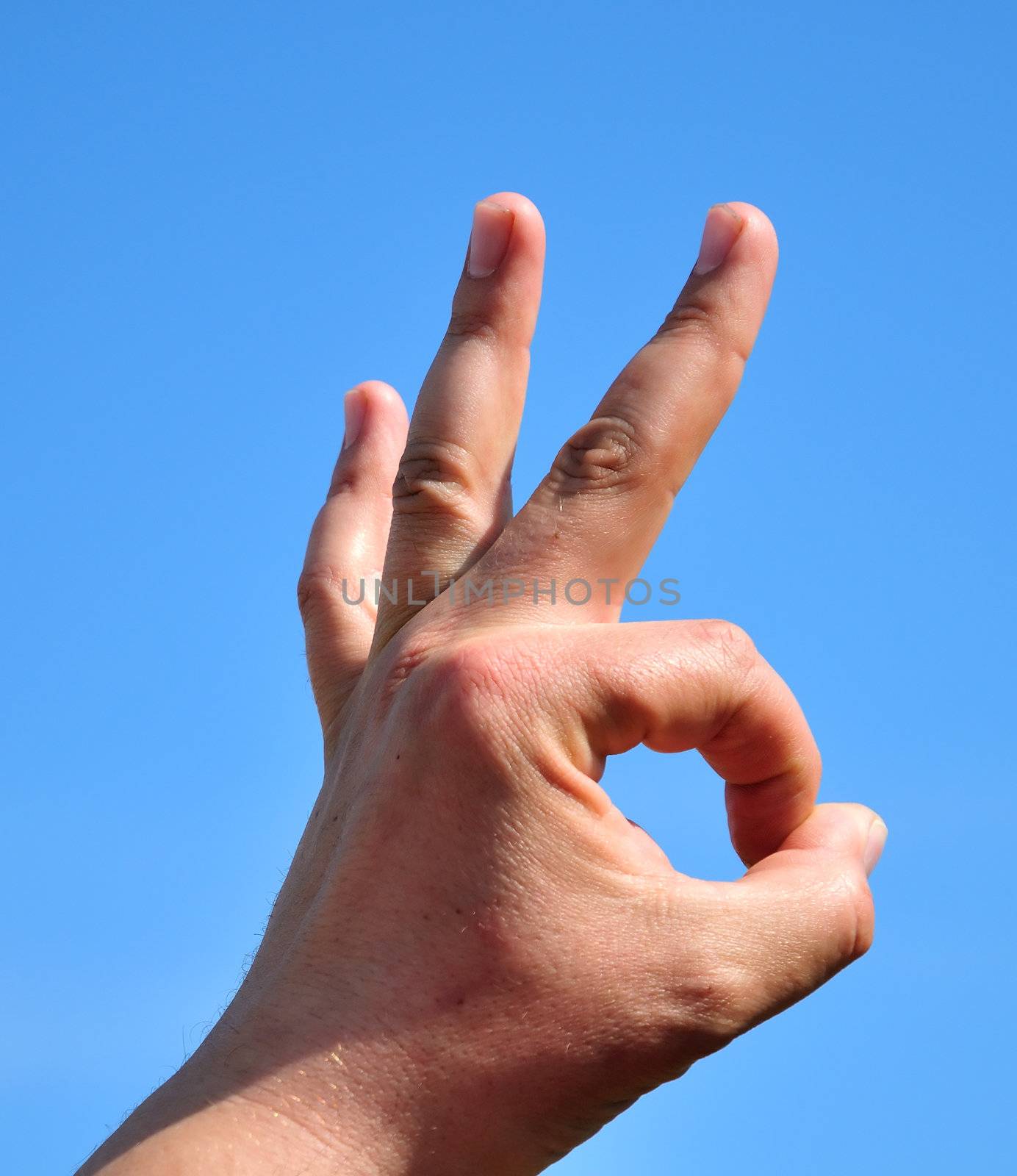 gesturing man's hand on a blue sky background
