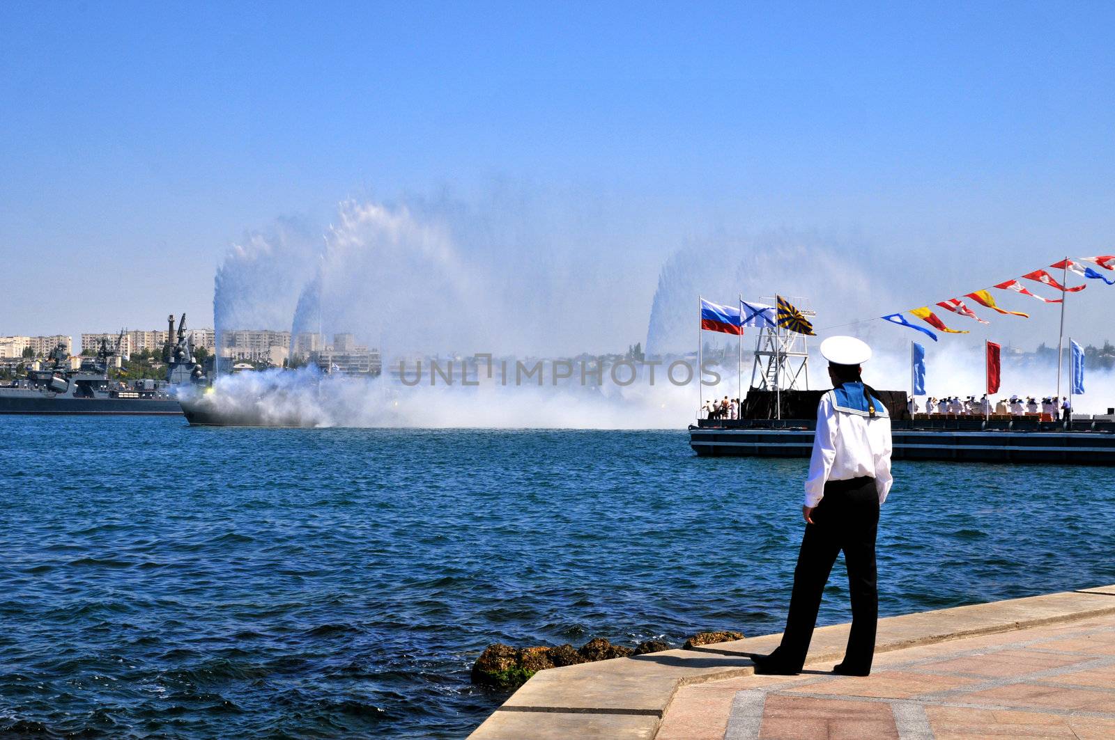 Fire ship during Russian naval parade in the Sevastopol city
