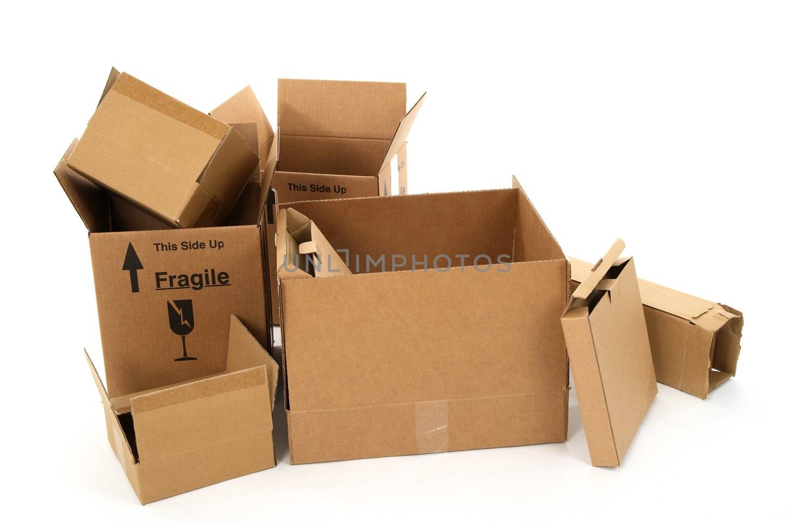 Open empty cardboard boxes on white background.