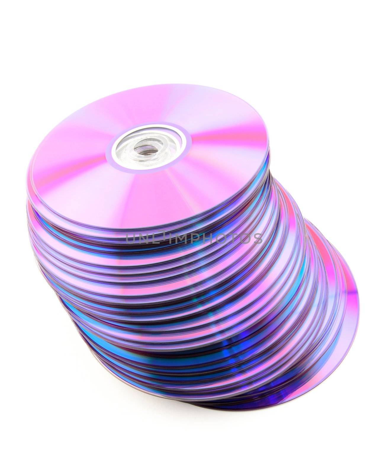 Falling heap of purple CDs or DVDs. White background, no dust.
