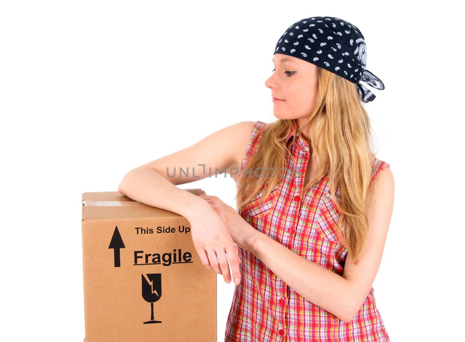 Cute girl wearing bandanna with a parcel delivered.