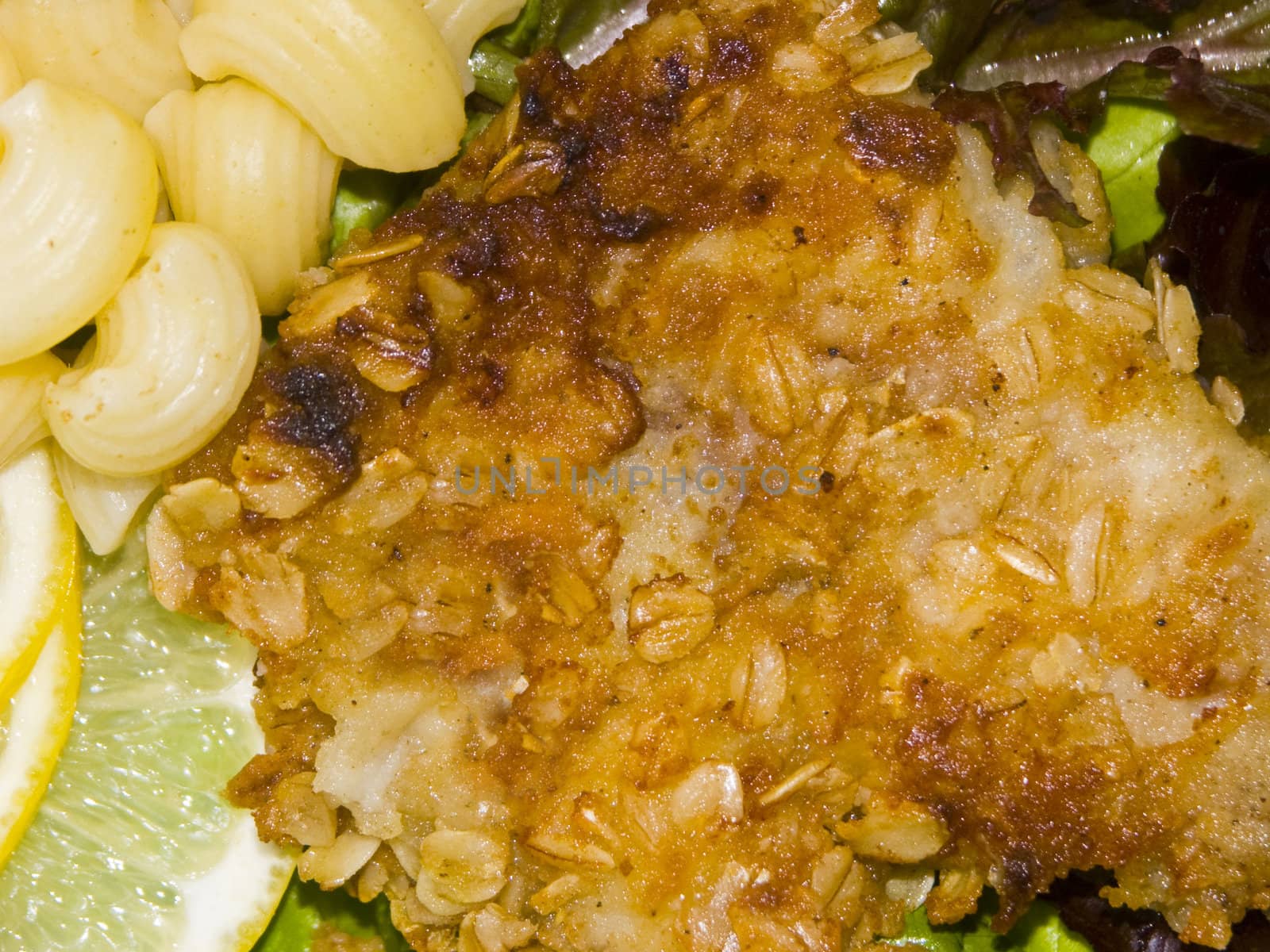 The image of macaroni of a fish and slices of a lemon close up