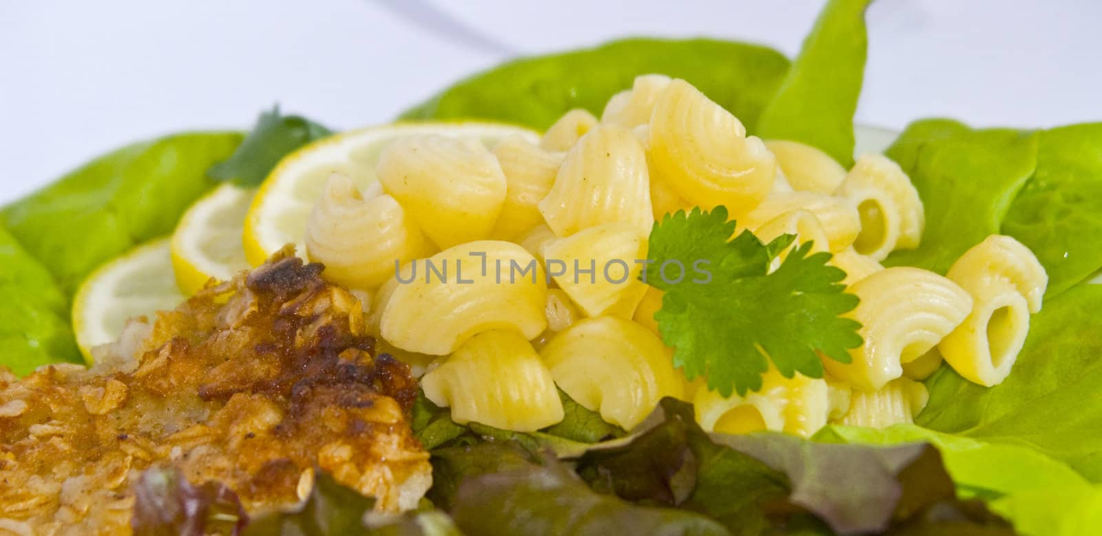 The image of macaroni of a fish and slices of a lemon close up