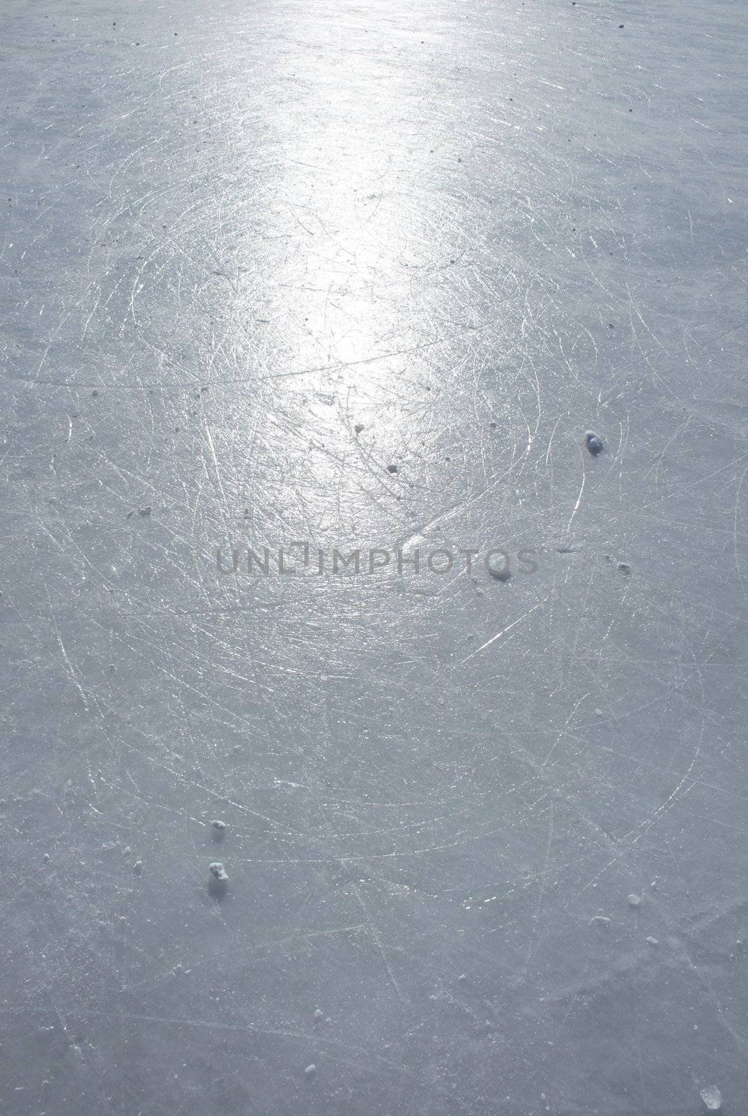 Surface of an outdoor ice rink replete with skate marks reflects the sun.