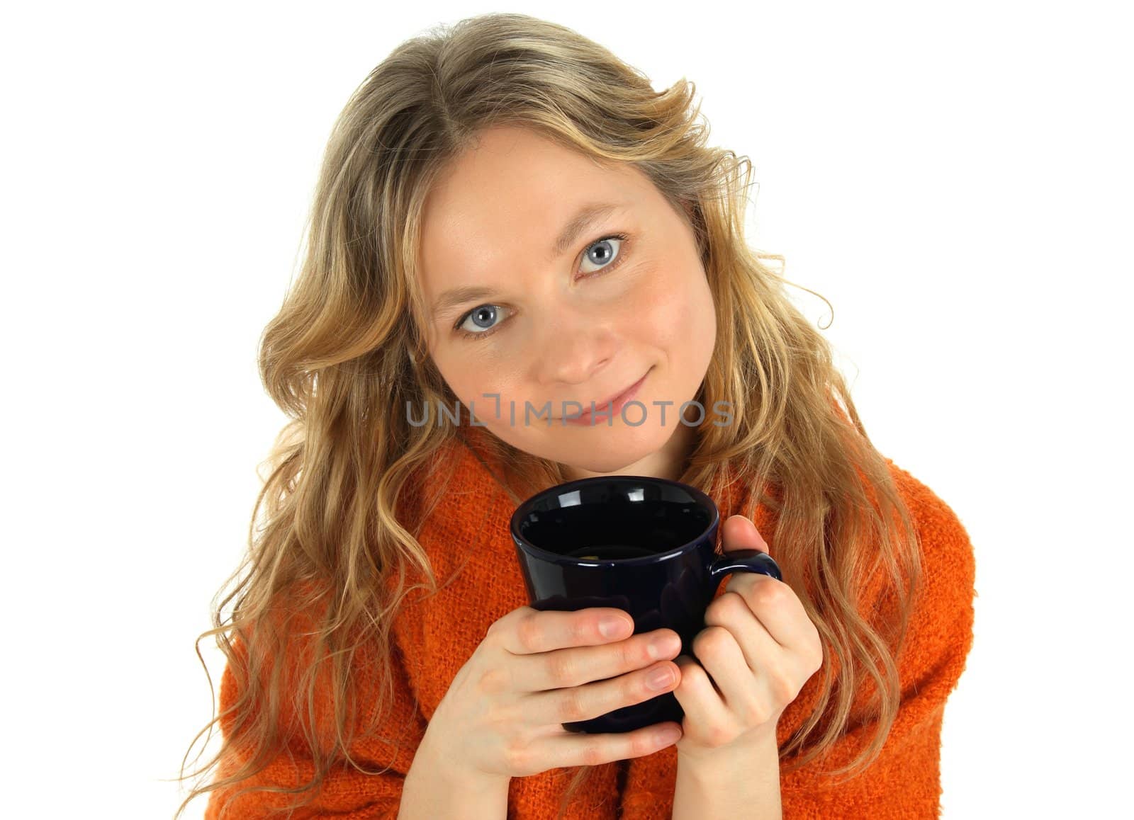Portrait of charming girl with a big cup of tea.