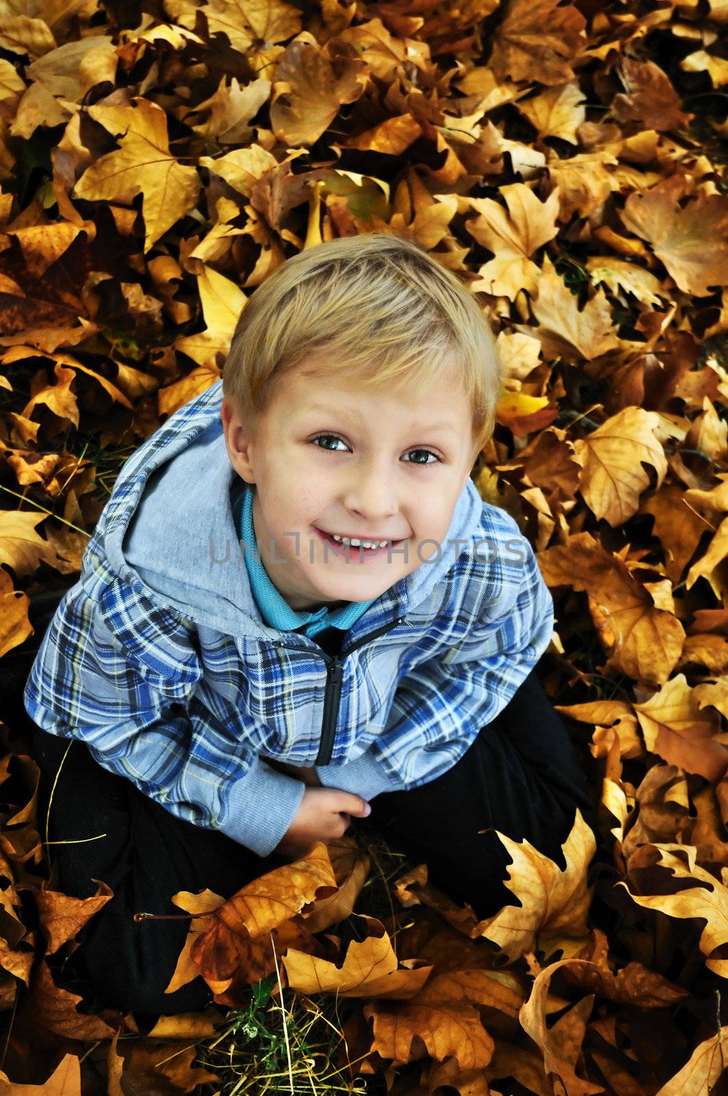 Young boy playing with the autumn leaves after school