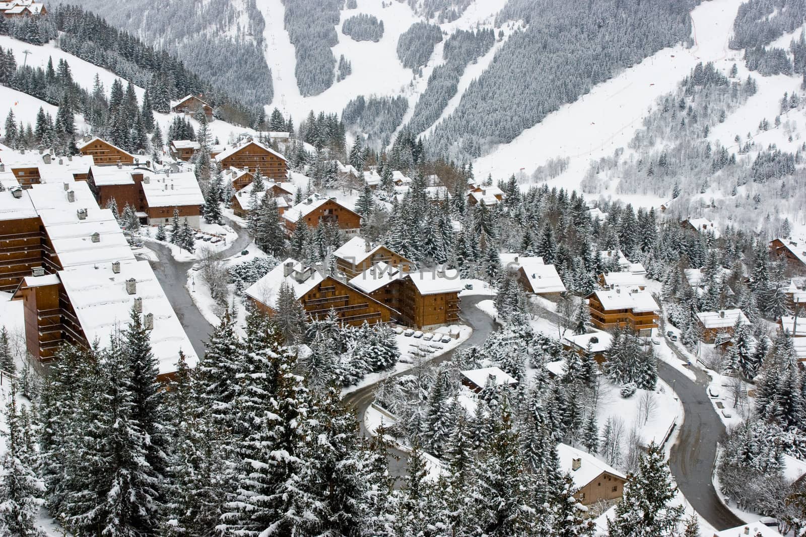 A view of the Meribel ski resort after snow storm