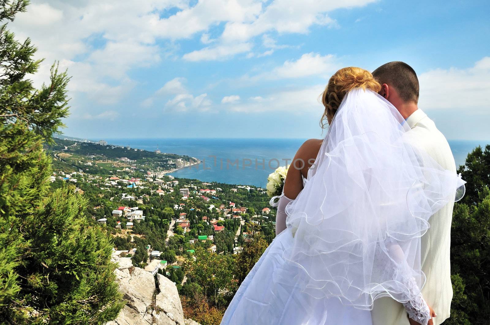 bride and groom looking ahead from the high point