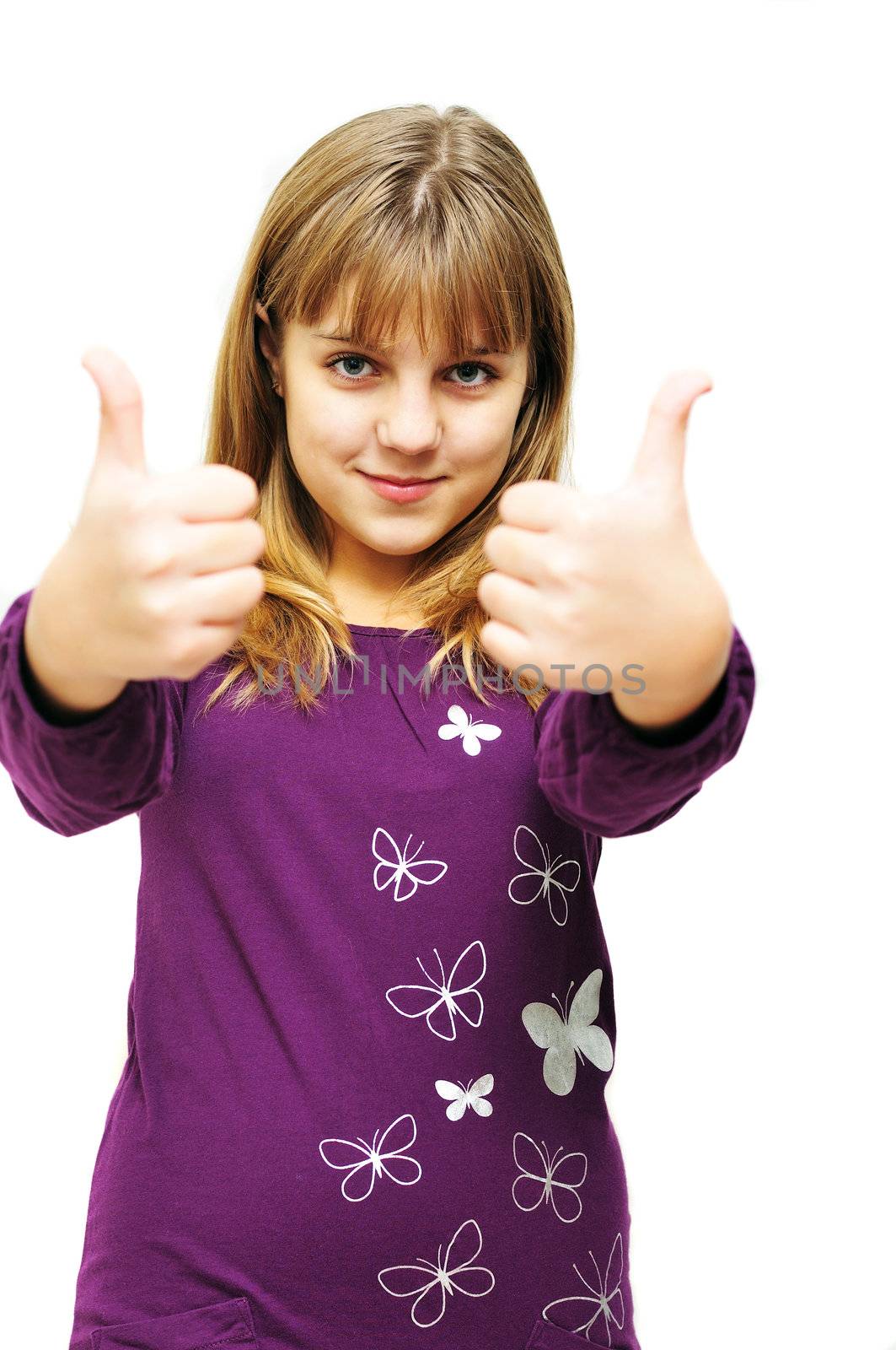 pretty teen girl showing her two thumbs up