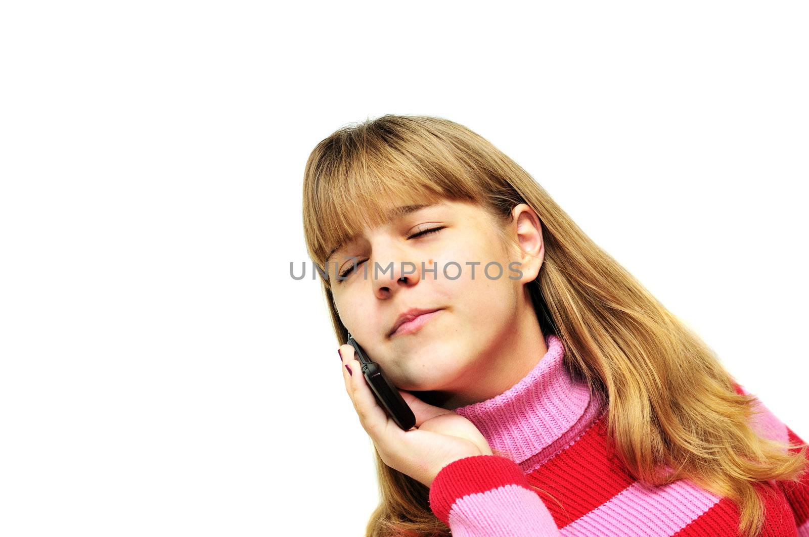 teen girl is boring with tolking by mobile phone