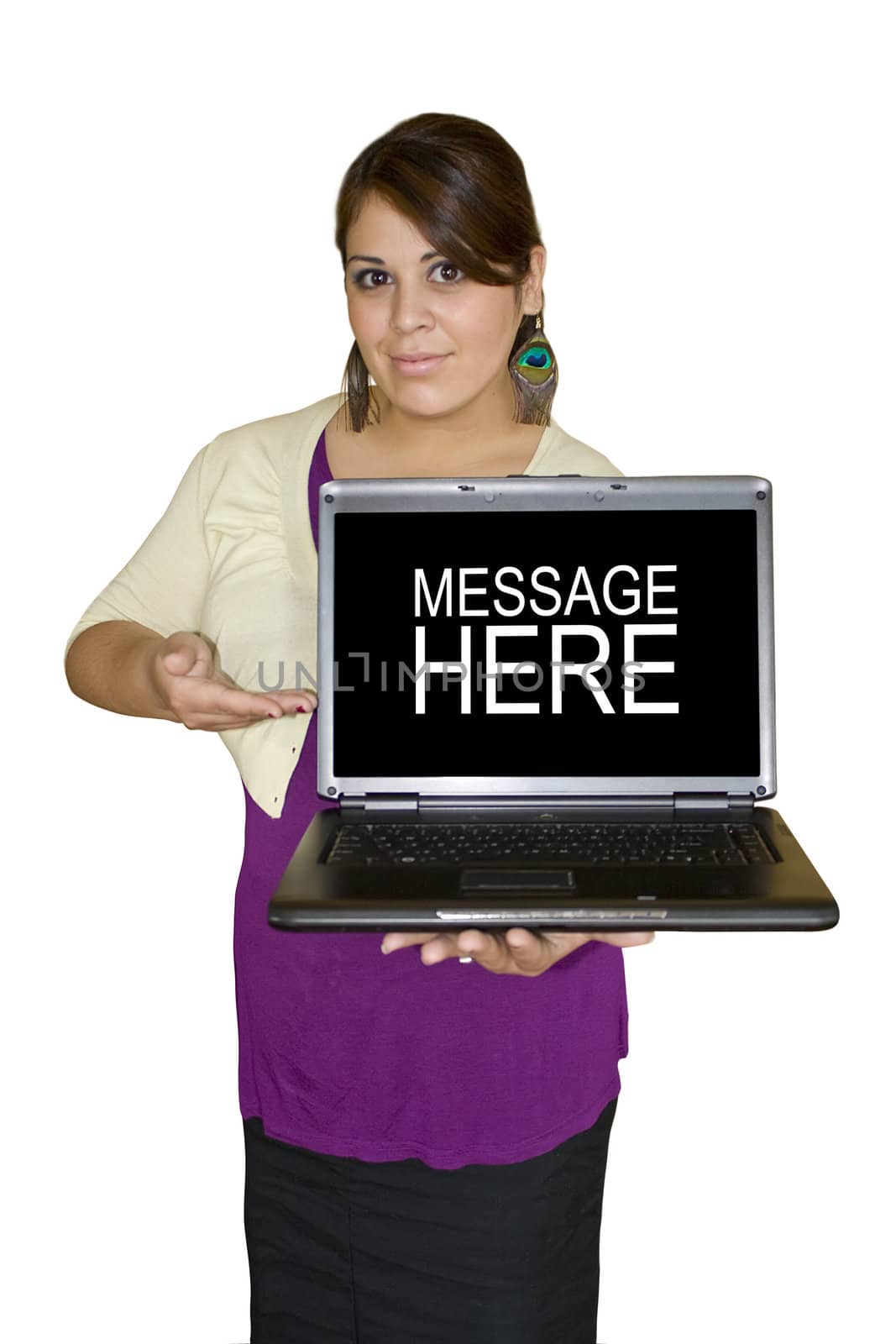 A beautiful young model presenting something on a laptop.  Clipping paths are included for the girl as well as the screen to insert your own image.