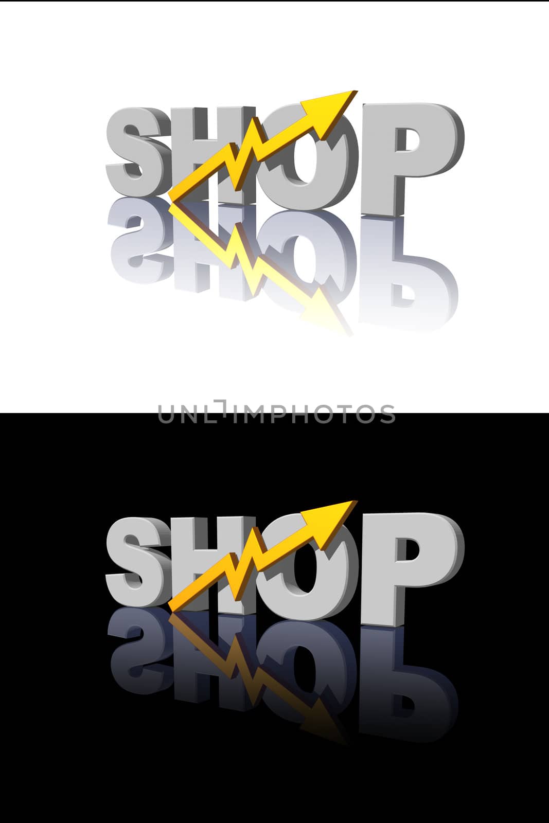 shop text and business curve on black and white background - 3d illustration