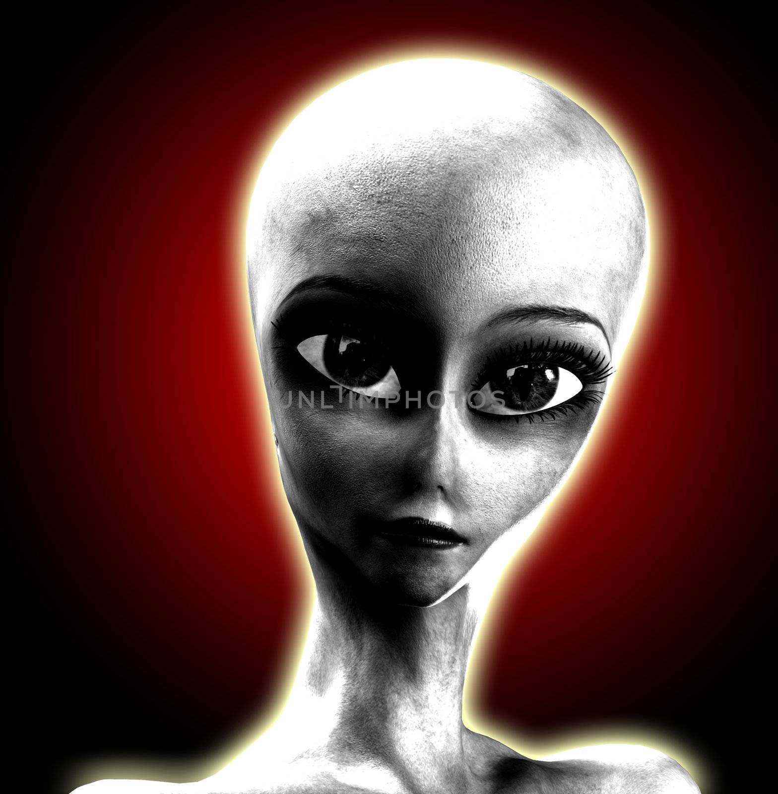 The head of a big eyed alien.
