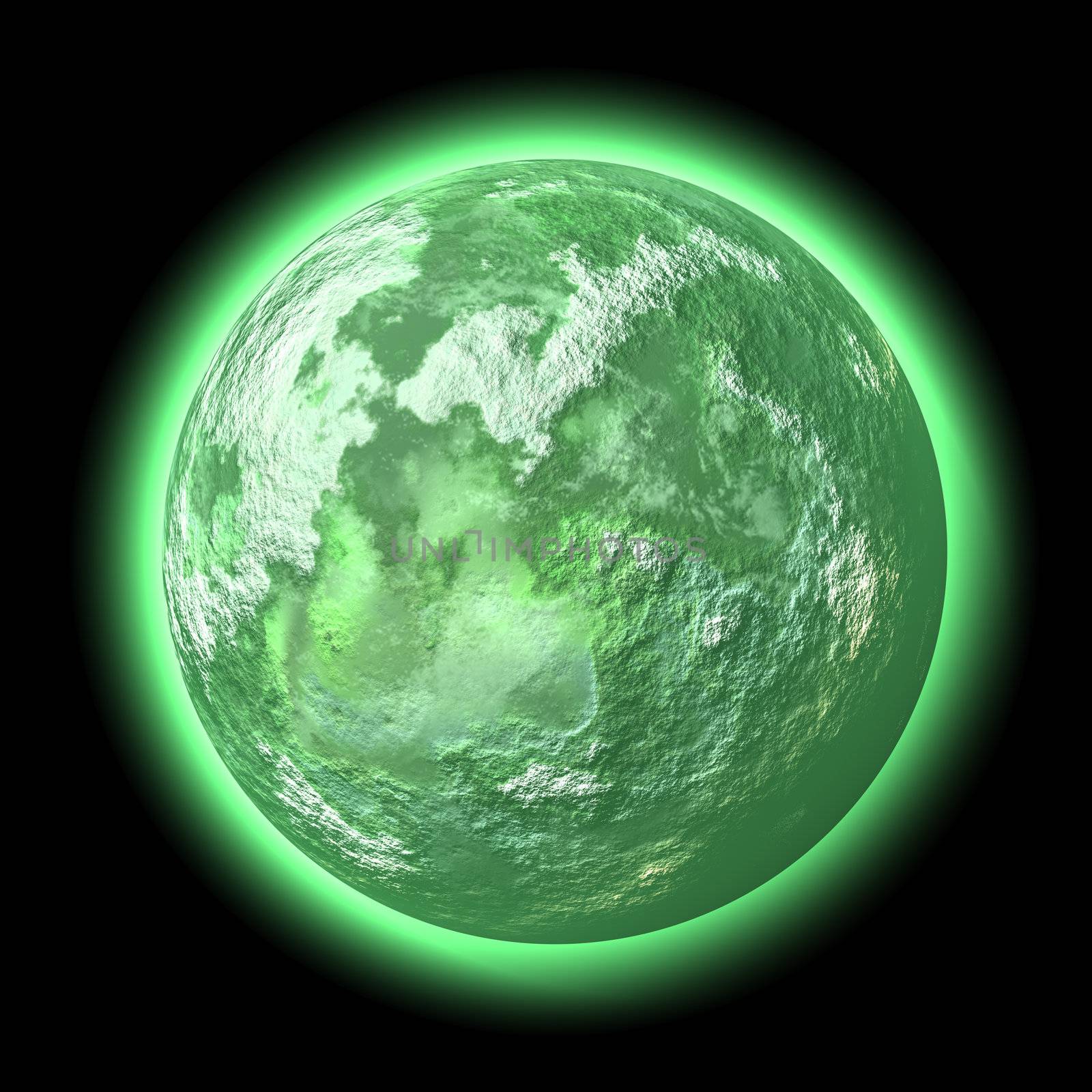 The green planet on black background.