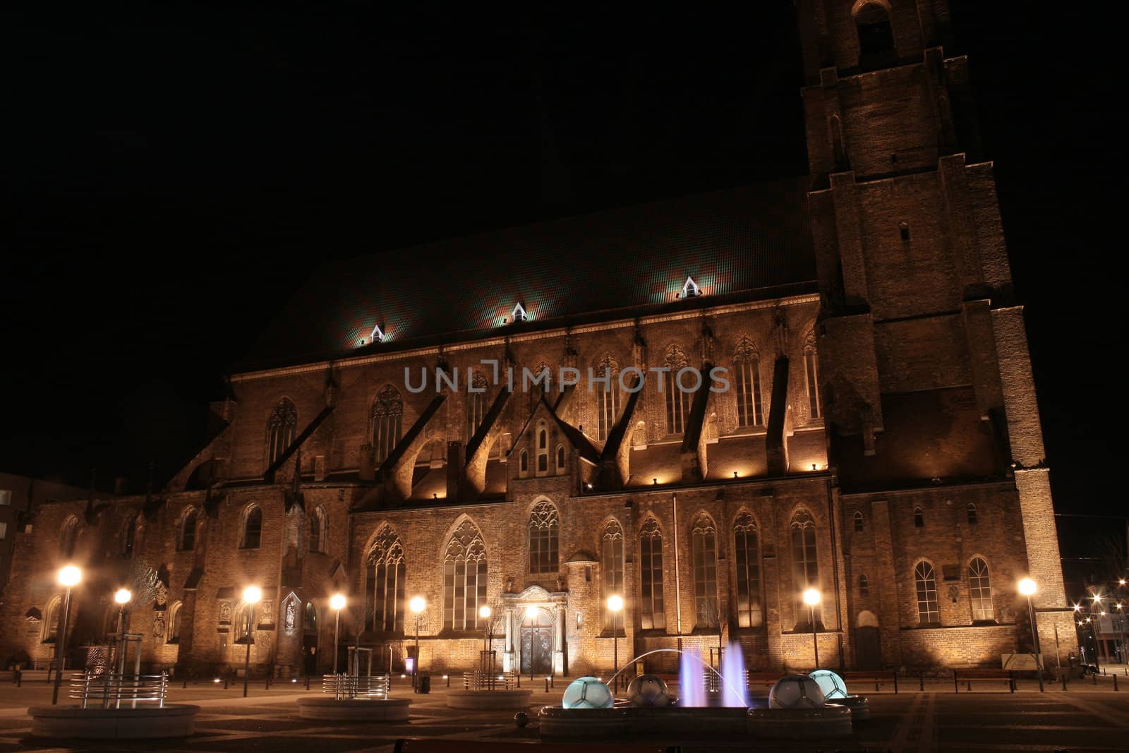 Church and the fountain at night, Wroclaw, Poland