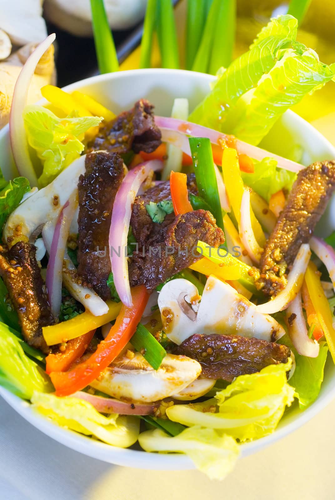 fresh colorfull thai beef salad on a bowl close up