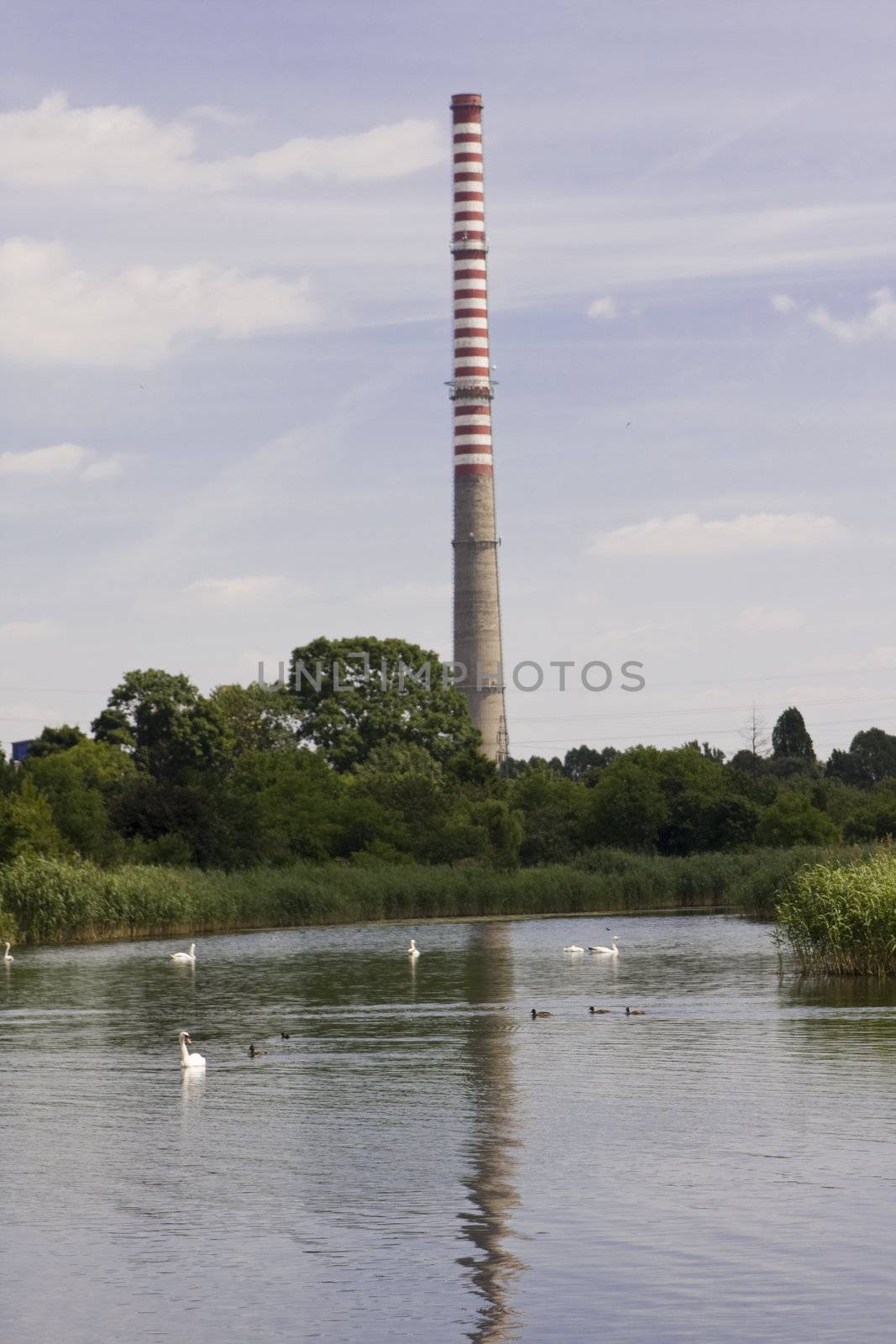 lake and an old chimney - save the environment