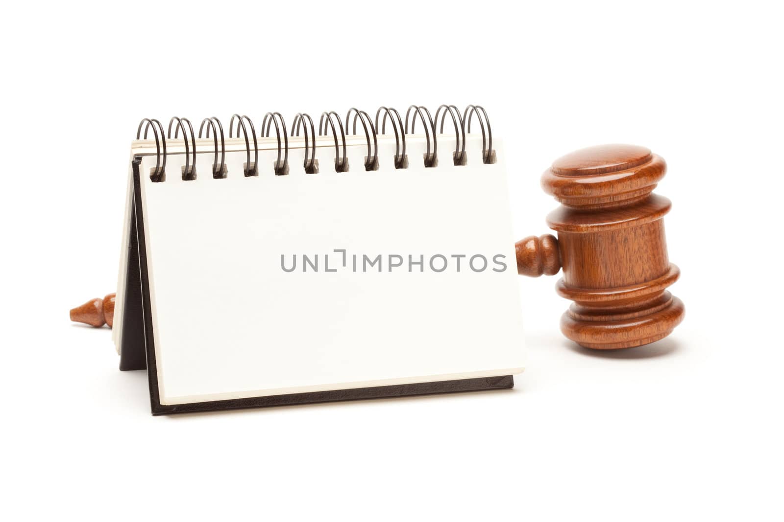 Blank Spiral Note Pad and Gavel Isolated on White.
