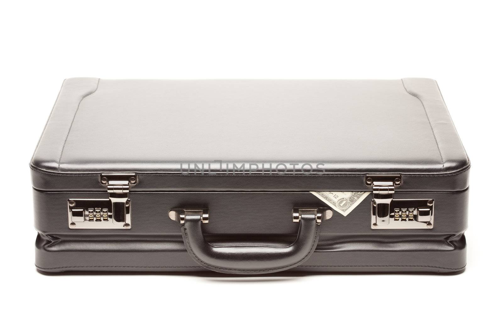 Large Black Briefcase & Dollar Corner Exposed Isolated on a White Background.