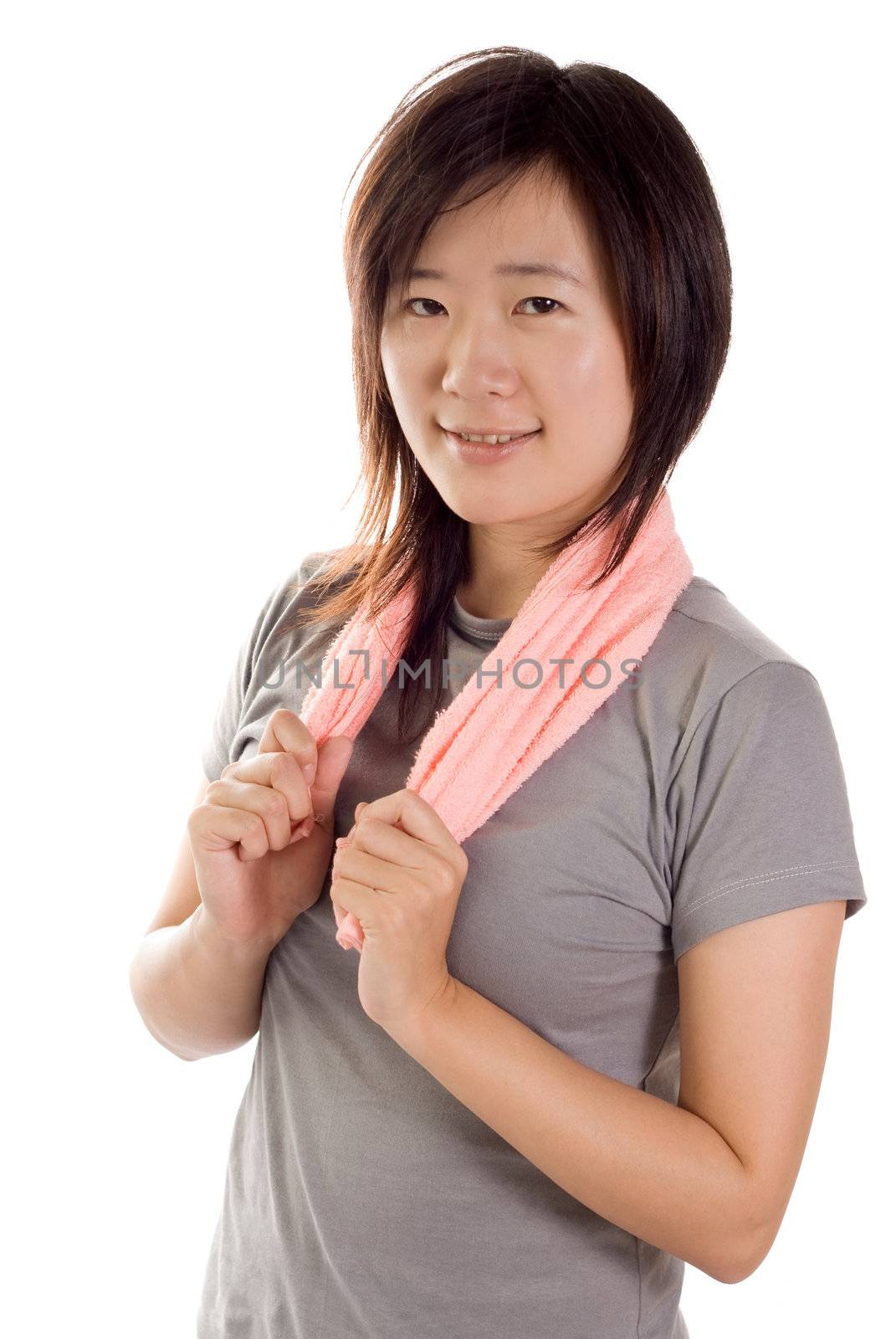 Sport woman with towel after excise on white background.