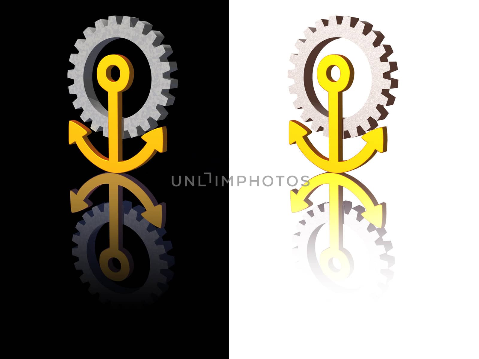 anchor gear logo on black and white background - 3d illustration