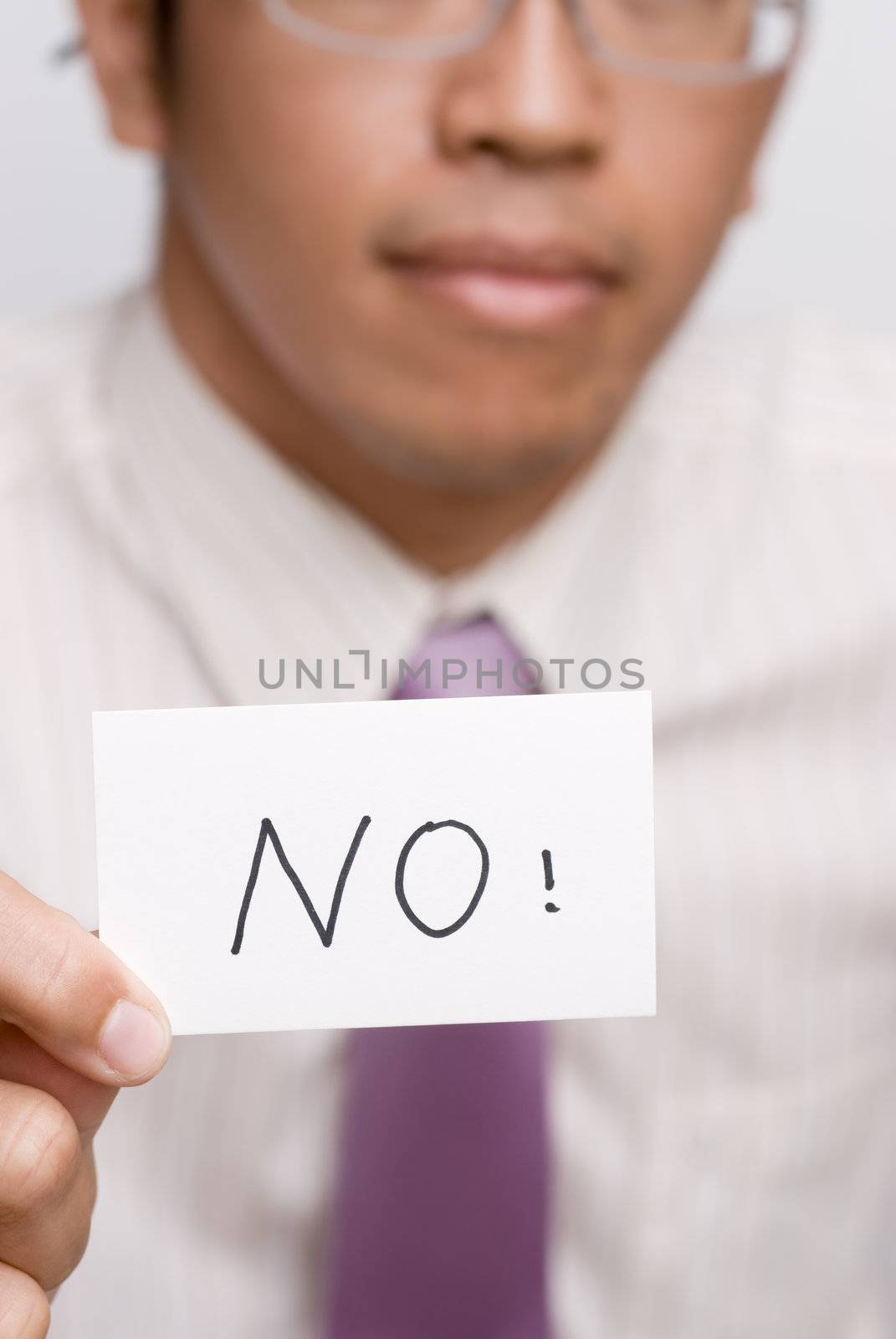 Business man show no card on white background.