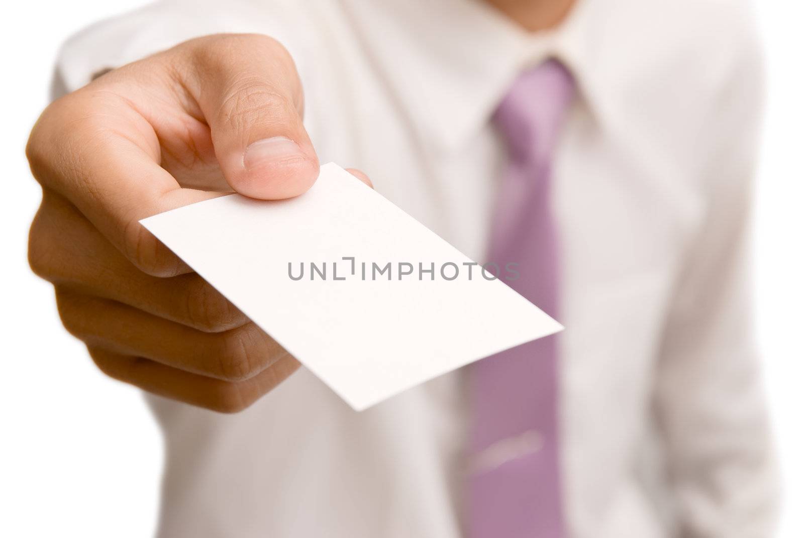 Business man with blank card on white background.