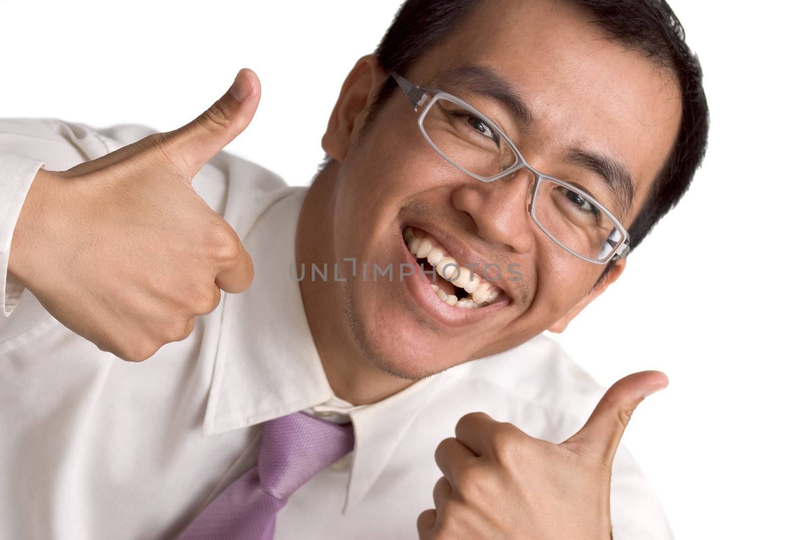 Happy business man extended thumb on white background.