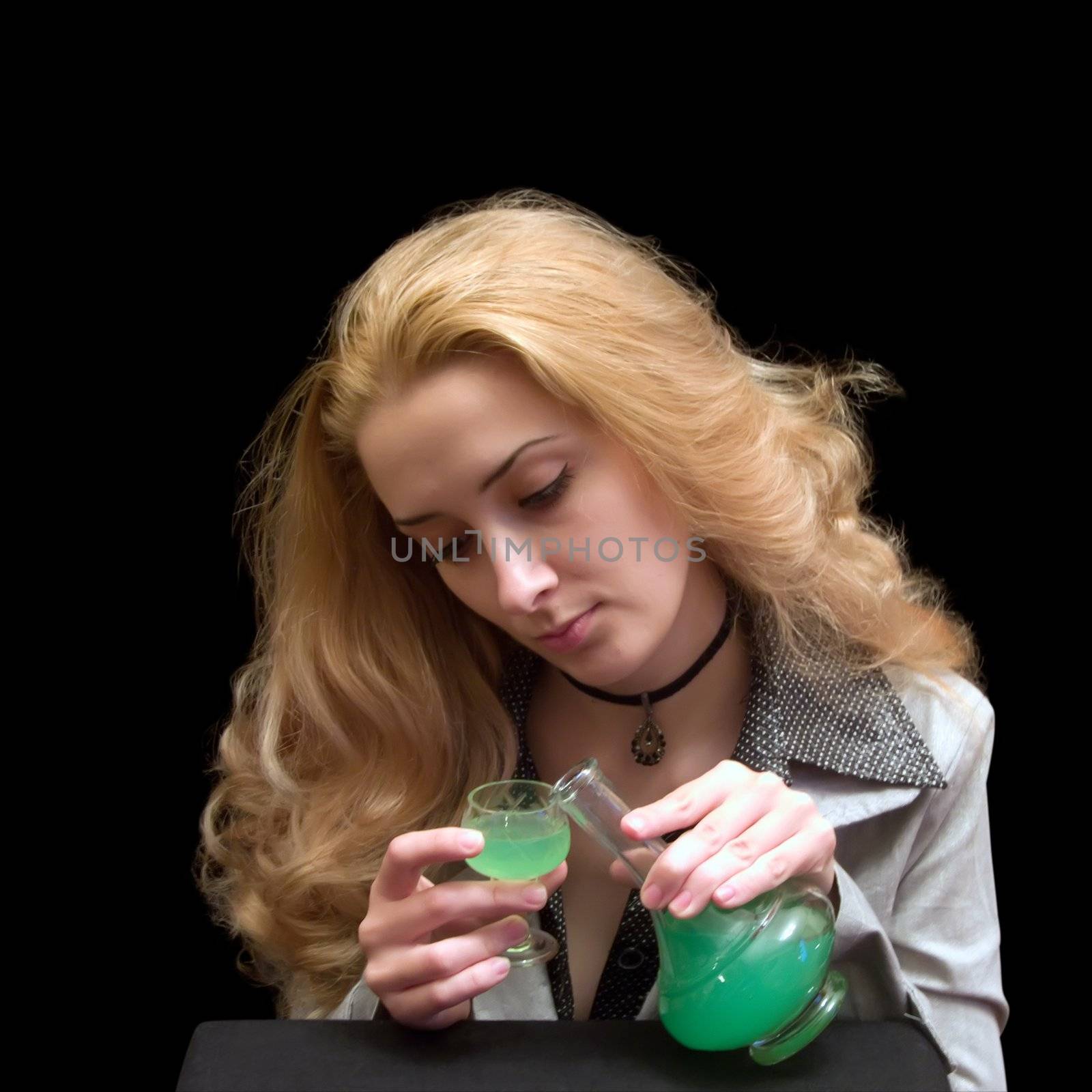 The long-haired girl with a wine-glass of absinthe liqueur by Jim