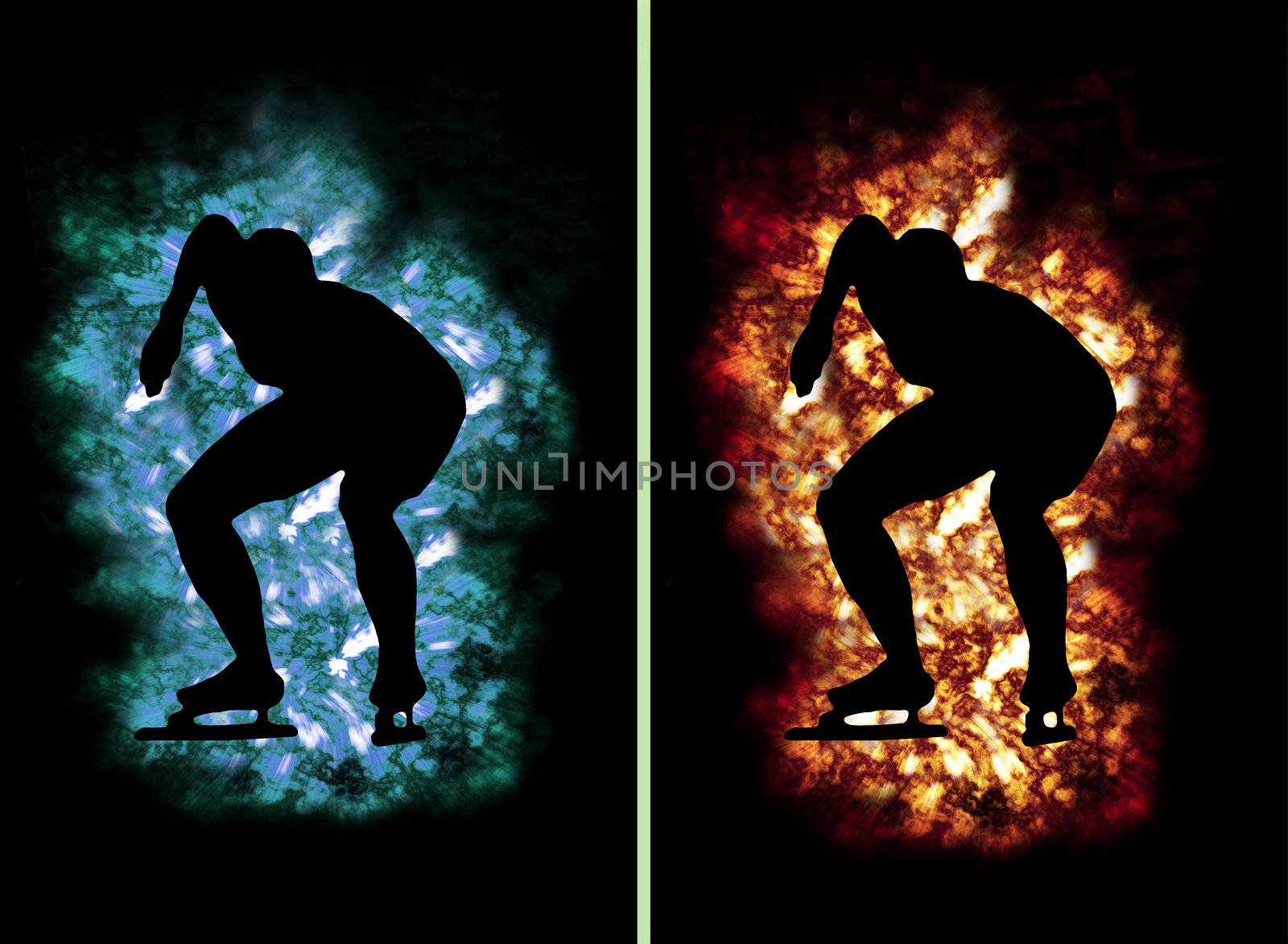 speed skater contour surrounded by ice and fire, e.g. as button