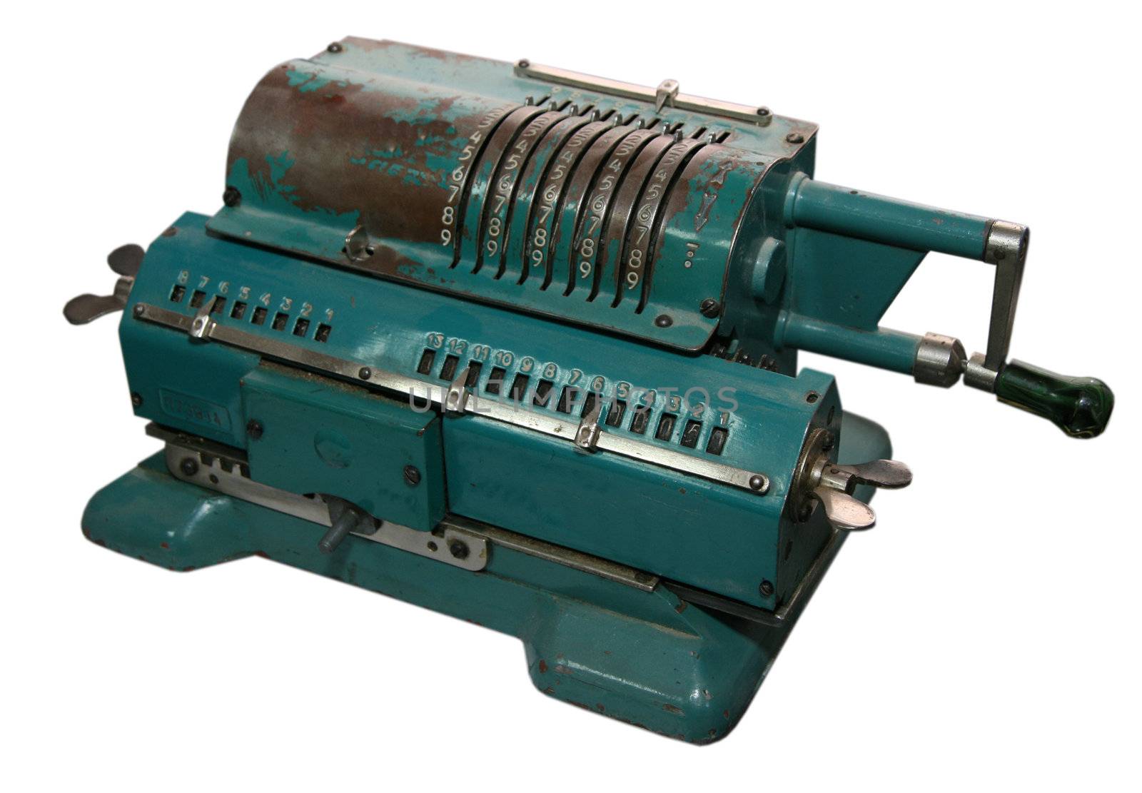 isolated obsolete vintage mechanical adding machine