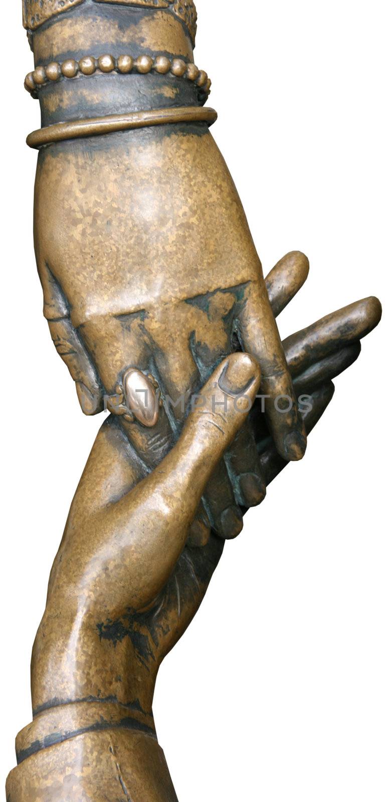 isolated bronze figurine of newlyweds hands