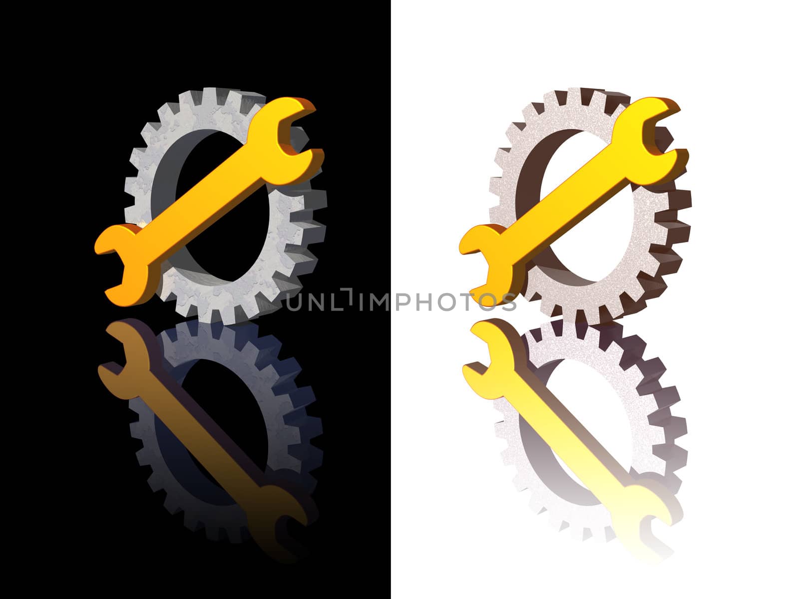 wrench and gear logo on black and white background - 3d illustration