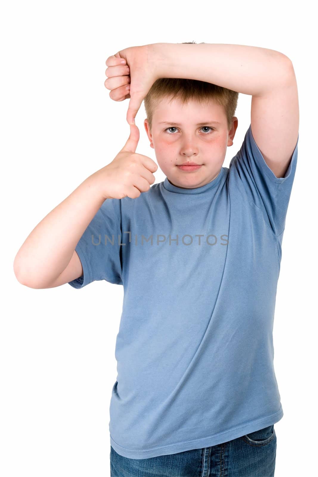 little boy with thumbs up on a white background