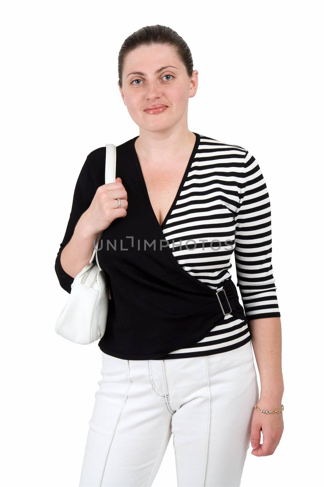 girl with a handbag on a white background.