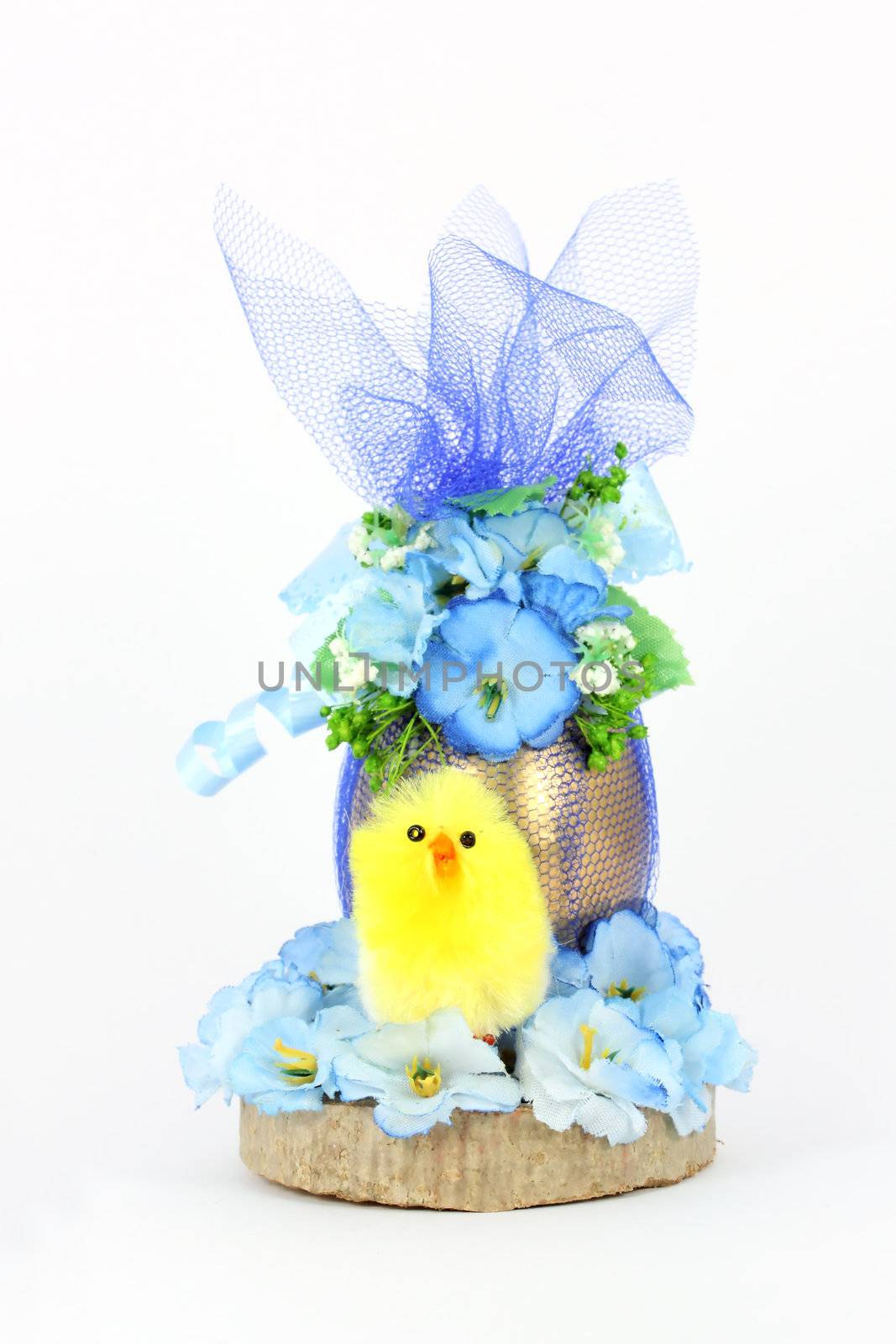 Easter decoration with egg and chick, isolated on white