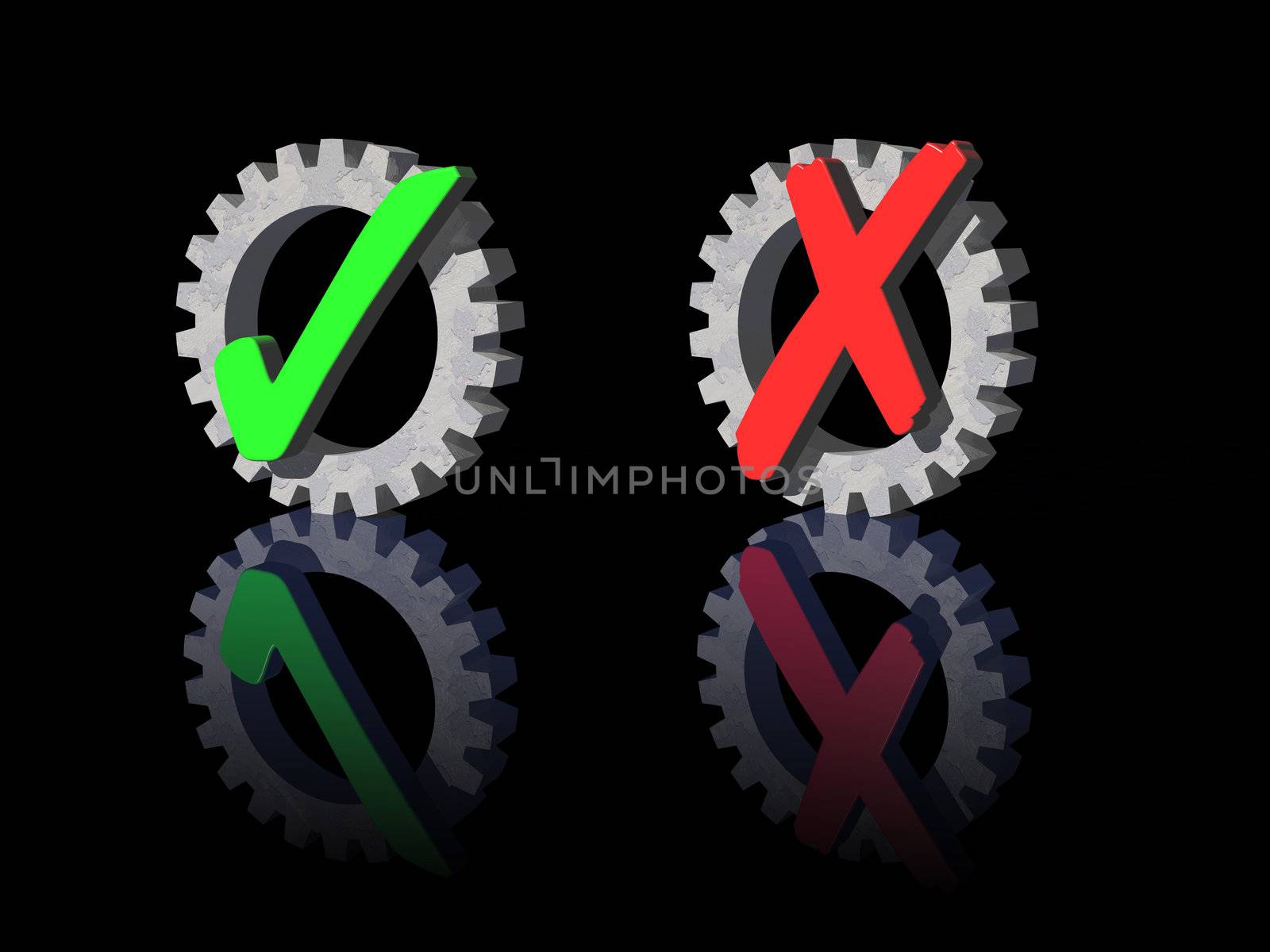 ancel and ok symbol with gear on black background - 3d illustration