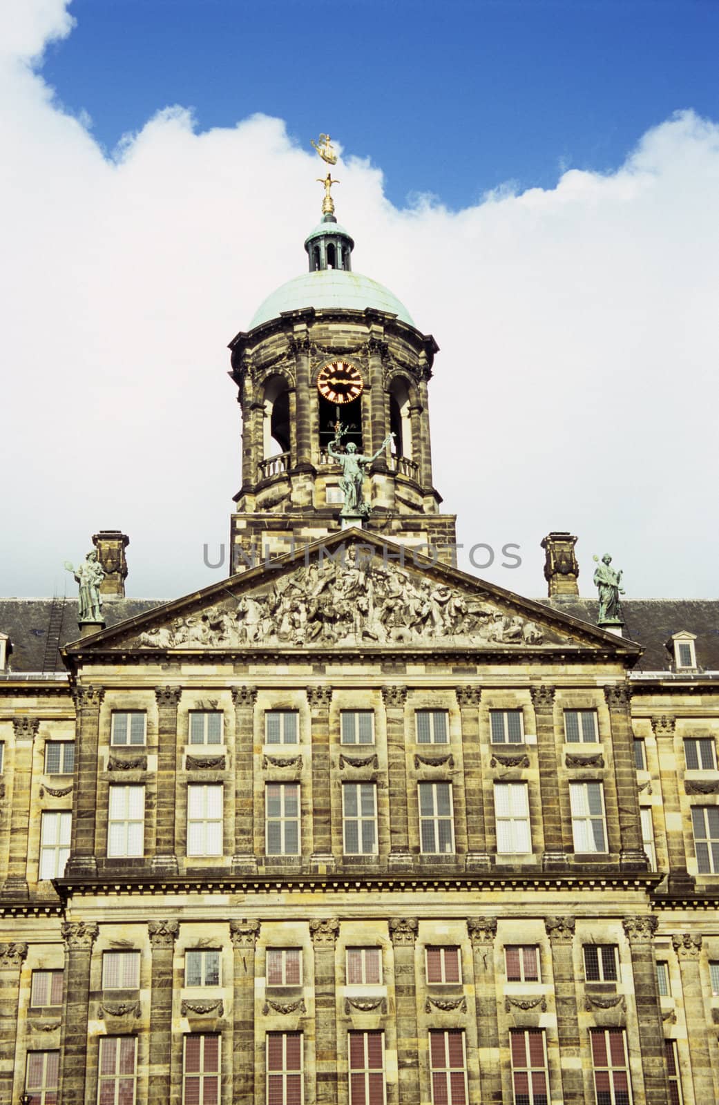The Amsterdam Royal Palace sits at the head of Dam Square in Amsterdam, the Netherlands.