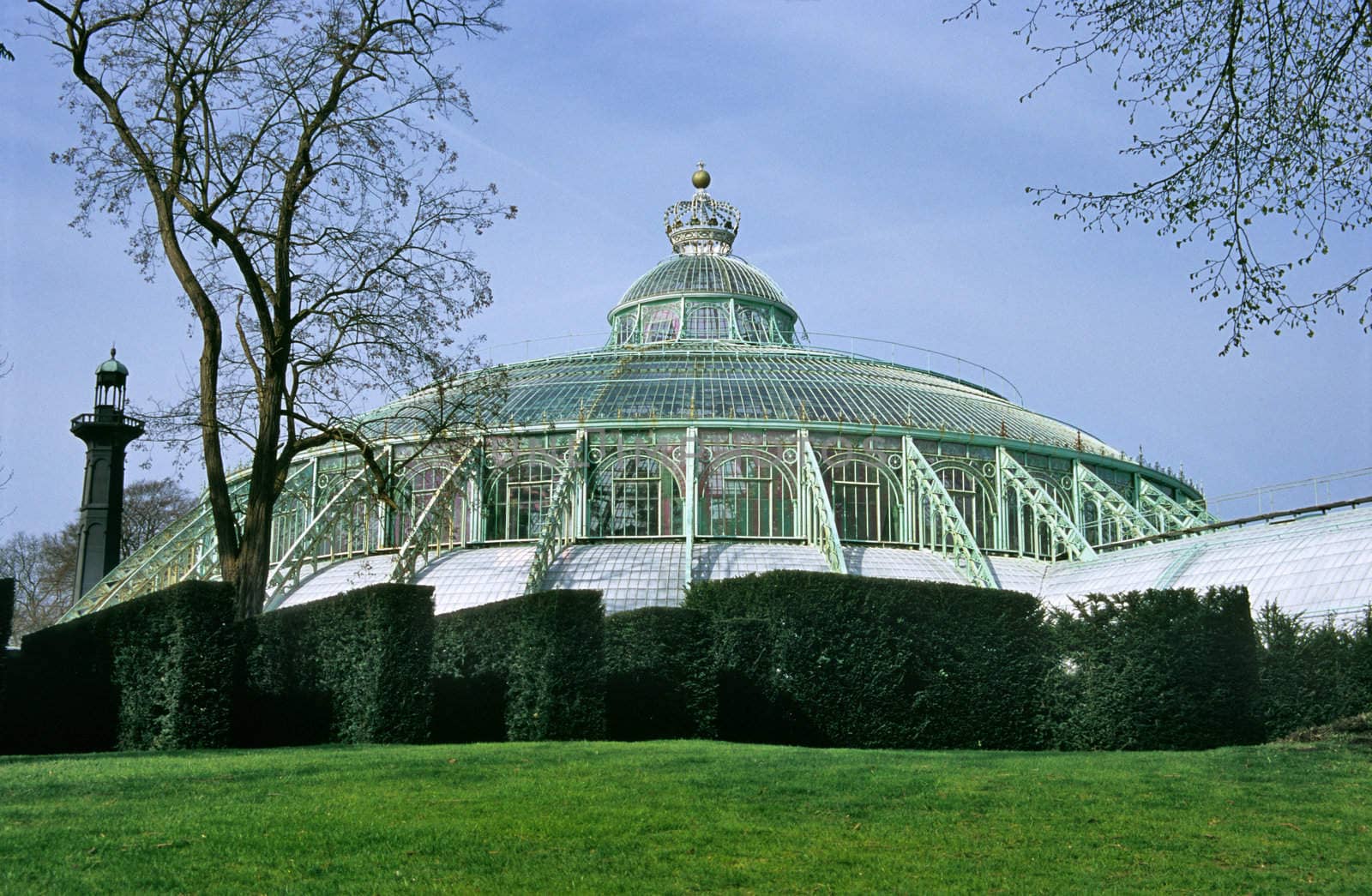 The giant glass dome of the Royal Botanical Gardens is a popular landmark in Laeken, Belgium.