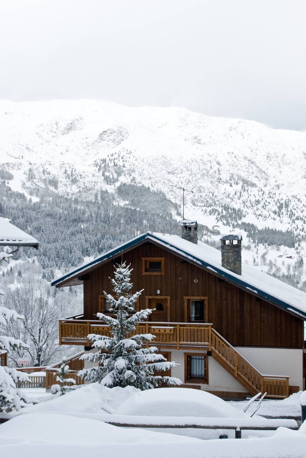 Ski resort Chalet after snow storm