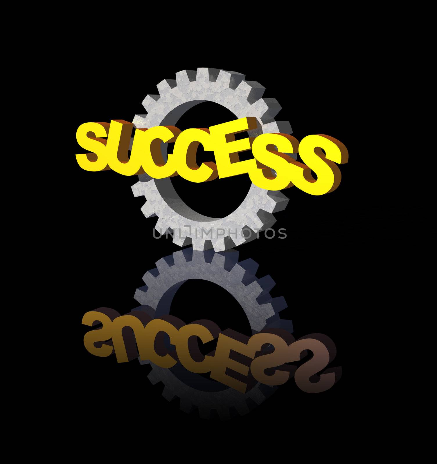 success text and gearwheel on black background - 3d illustration