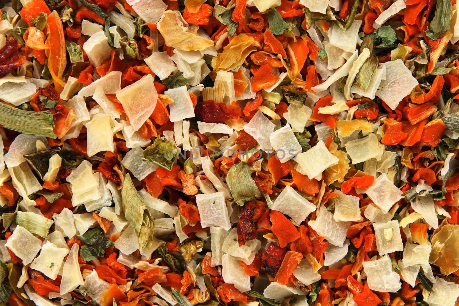 Background of dried vegetables and spices. Abstract food textures.