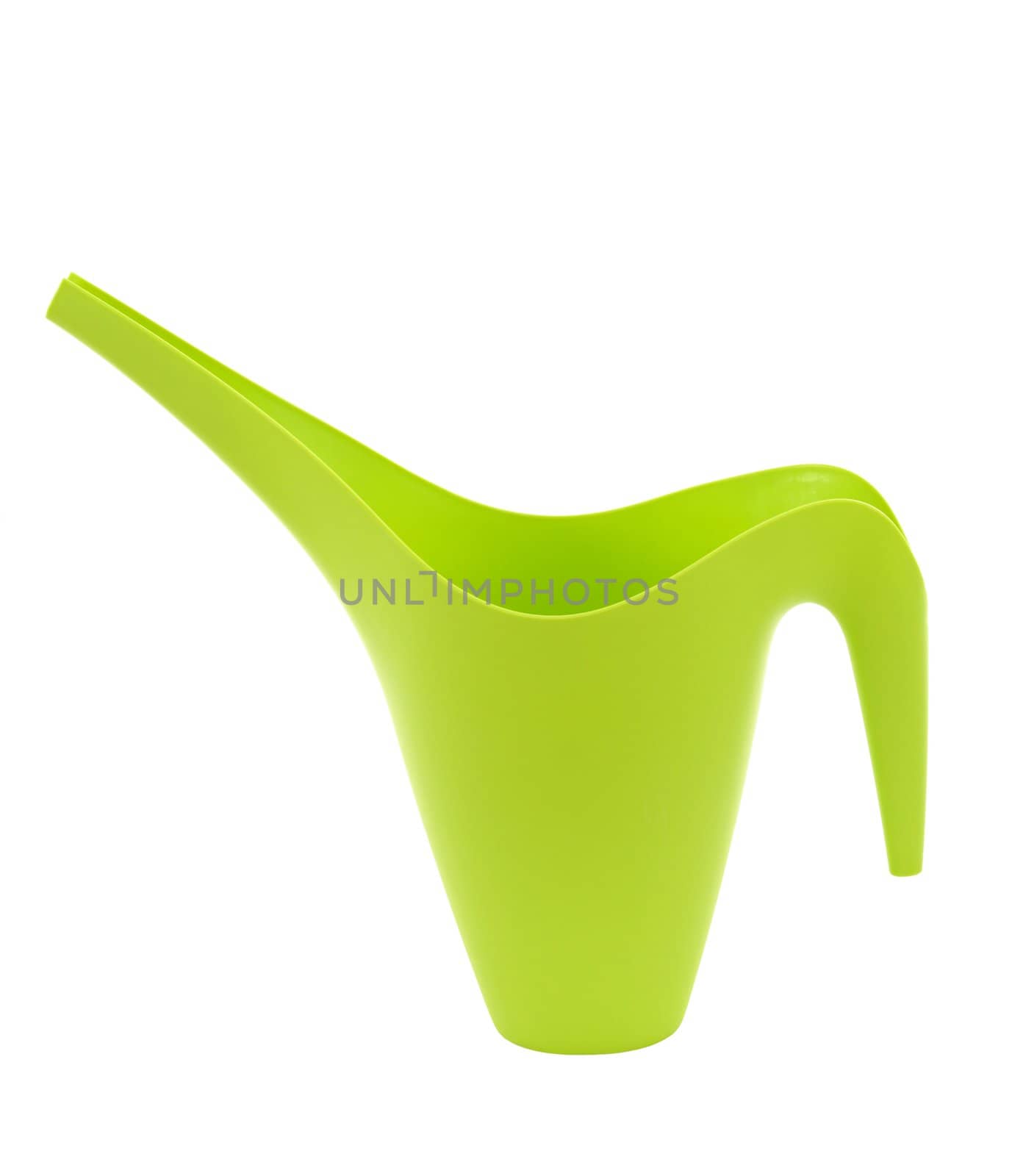 Stylish green watering can isolated on white.