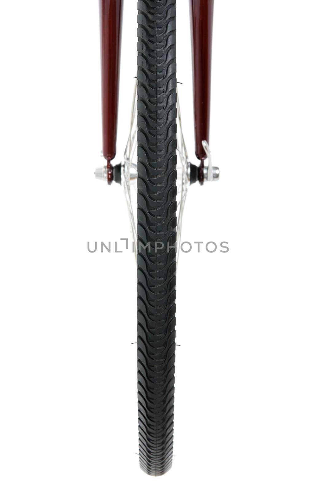 Tyre of bicycle wheel. Front view, isolated on white.