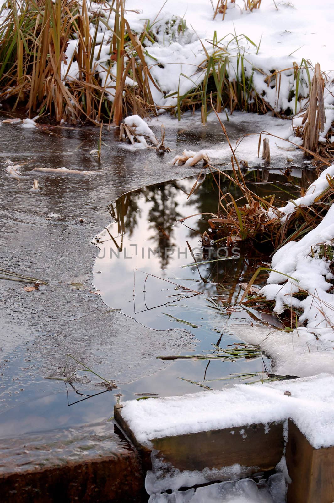 A pond with a small dam, partly frozen over
